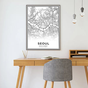 Latitudine Longitudine Seoul Mappa della città Stampe Corea del Sud Viaggio Wall Art Dipinti su tela Poster in bianco e nero Immagini Home Decor