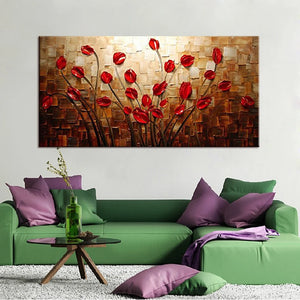 Mintura  Handpainted Textured Thick Texture Red Flowers Oil Paintings Abstract Modern Canvas,Wall Art,For Living Room,Home Decor