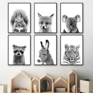 Toile d'art mural en noir et blanc, raton laveur, renard, Koala, écureuil, peinture, affiches et imprimés nordiques, photos murales, décor de chambre d'enfant et de bébé