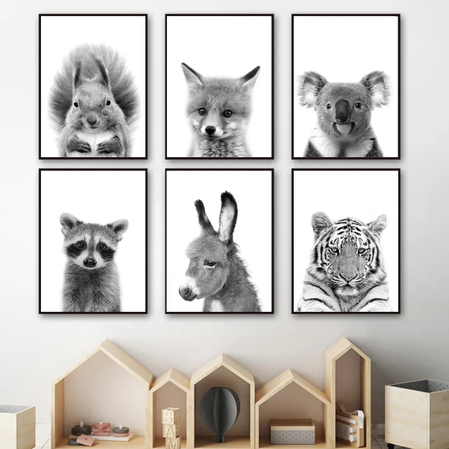 Cuadro sobre lienzo para pared carteles nórdicos e impresiones cuadros de pared decoración para habitación de bebés y niños, mapache, zorro, Koala, ardilla, blanco y negro