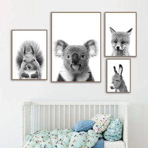 Procione in bianco e nero Volpe Koala scoiattolo Wall Art Canvas Pittura Nordic Poster e stampe Immagini murali Baby Kids Room Decor