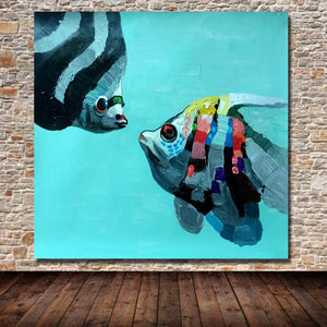 Handpainted Cartoon Animal 2 fishes kissing Oil Painting Popular Modern Canvas for Kids Room Home Decoration Dropshipping