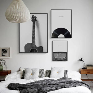 Ностальгическая черно-белая гитара, радио, CD, музыкальное оборудование, настенное искусство, печать на холсте, декоративная картина, украшение комнаты