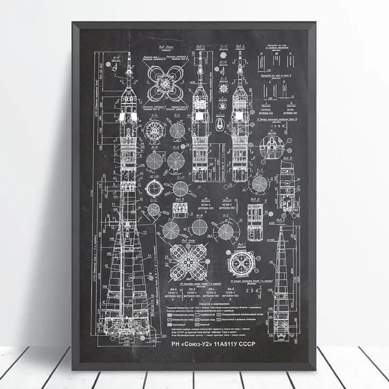 Soyuz-U2 Russian Rocket Patent Gallery Wall Art Canvas Print Opere d'arte dell'aviazione Blueprint Poster Pittura Spazio esterno Decorazione retrò