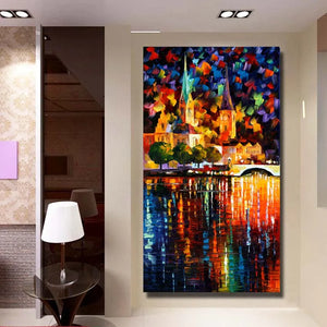 Large size 100% handpainted knife riverside build Oil Painting On Canvas Wall Art picture for sitting Room home Decoration