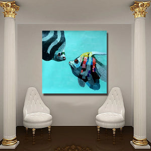 Handpainted Cartoon Animal 2 fishes kissing Oil Painting Popular Modern Canvas for Kids Room Home Decoration Dropshipping