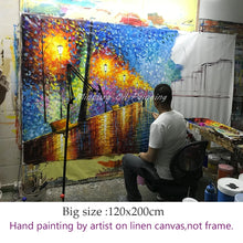Laden Sie das Bild in den Galerie-Viewer, Large Handpainted Night Street View Landscape Acrylic Oil Painting on Canvas,Wall Art,Picture for Living Room,Home Decor Artwork