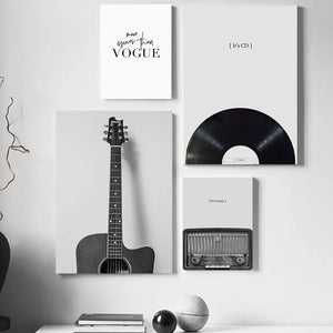 Nostalgische Schwarz-Weiß-Gitarre, Radio, CD, Musikausrüstung, Wandkunst, Leinwanddruck, Gemälde, dekoratives Bild, Raumdekoration