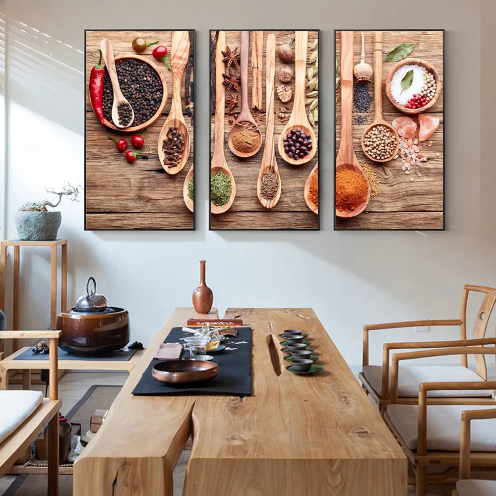 3 paneles de condimentos en la pared de la cocina, impresiones en lienzo, cuadros modulares de naturaleza muerta para pared de habitación de cocina, carteles e impresiones