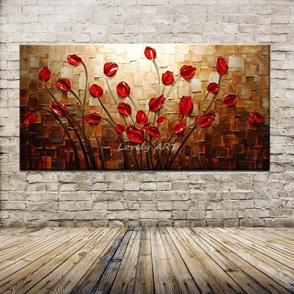 Mintura  Handpainted Textured Thick Texture Red Flowers Oil Paintings Abstract Modern Canvas,Wall Art,For Living Room,Home Decor