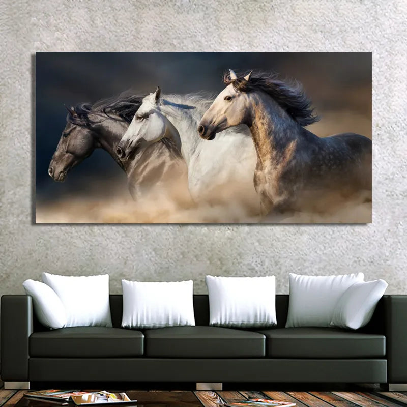 Drei laufende Pferde, Leinwandkunst, Tiere, Wandkunst, Poster für Wohnzimmer, Heimdekoration, Cuadros, individueller Wand-Leinwanddruck, Gemälde