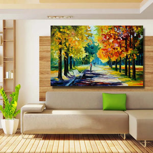 Free shipping 100% handmade knife Roadside tree Scenery Oil Painting On Canvas Wall Art picture for Room home Decoration