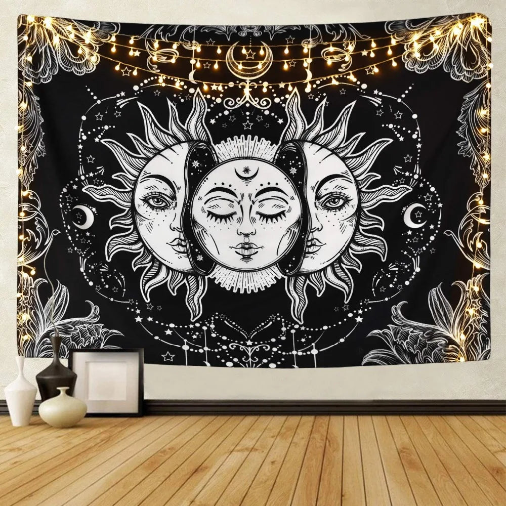 Blanc noir soleil lune Mandala tapisserie tenture murale céleste tapisserie Hippie mur tapis dortoir décor psychédélique tapisserie