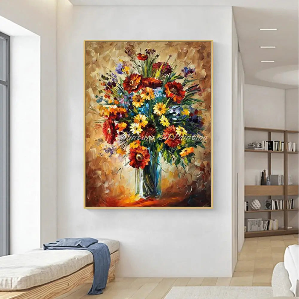 Hand-Painted Thick Bottle Flowers Oil Painting On Canvas,Modern Abstract Still Life Wall Art,Picture For Living Room,Home Decor