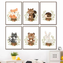 Cargar imagen en el visor de la galería, Zorro, conejo, oso, mapache, erizo, ardilla, cuadro sobre lienzo para pared, carteles e impresiones, imágenes de pared, decoración para habitación de bebés y niños