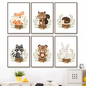 Fox Rabbit Bear Raccoon Hedgehog Squirrel Nursery Wall Art Canvas Painting Posters And Prints Wall Pictures Baby Kids Room Decor