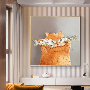 Cuadro sobre lienzo para pared moderno nórdico, carteles e impresiones de gato de dibujos animados con peces para decoración del hogar de habitación de niños