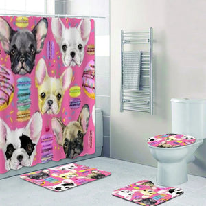 Cortinas de baño para cachorros de Bulldog Francés, color rosa, acuarela, cortina de ducha para niños, alfombra para baño con dibujos animados de postre dulce, alfombra para perros Frenchie