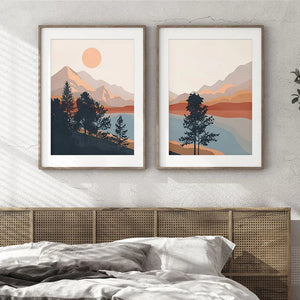 Mid Century Abstract Boho Mountain Lake Scene Poster Canvas Painting Wall Art Print Picture Living Room Home Interior Decoration