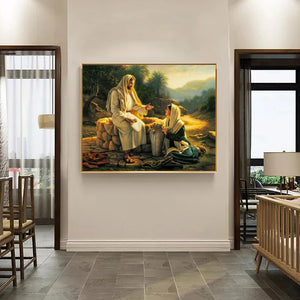 Pintura famosa de Jesús y la mujer samaritana, carteles e impresiones, cuadro sobre lienzo para pared para sala de estar, decoración del hogar, sin marco