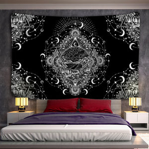 Tapiz de Mandala blanco y negro para colgar en la pared, tapiz de pared Celestial, alfombras de pared Hippie, decoración de dormitorio, tapiz psicodélico