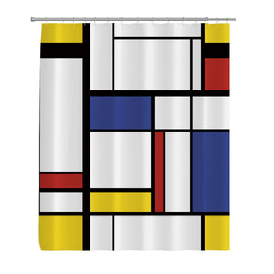 Blaues Muster, abstraktes modernes Gemälde in Mondrian, bunter Bauhaus-Duschvorhang, wasserdichter Polyesterstoff, 152,4 x 182,9 cm