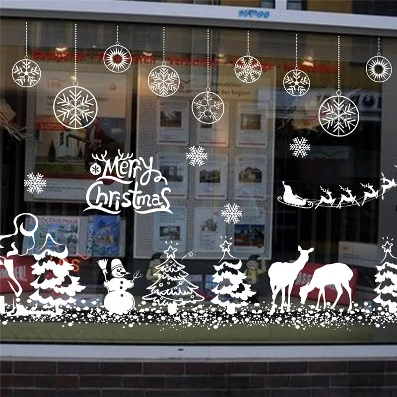 Festeggia gli adesivi murali natalizi per la decorazione della casa, dell'ufficio del negozio, a tema festival di Natale bianco, murale, decalcomanie per finestre fai da te