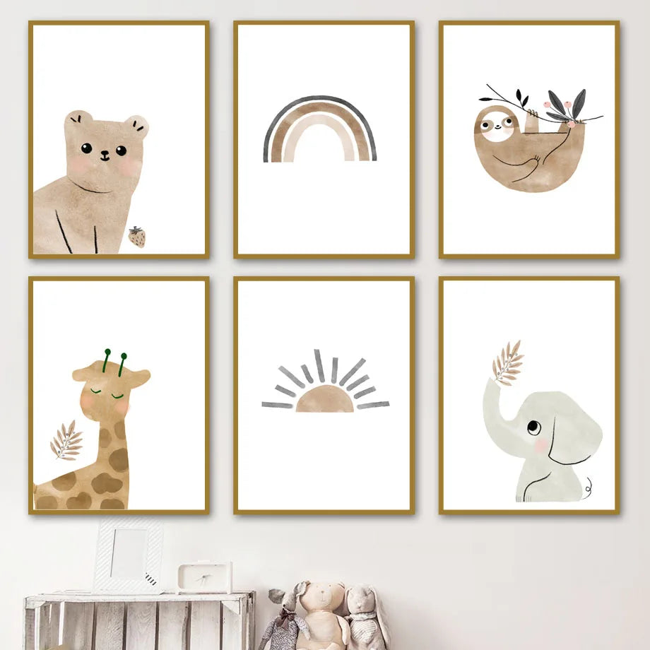 Pósteres nórdicos e impresiones de oso, elefante, jirafa, perezoso, sol, arcoíris, cuadro sobre lienzo para pared, imágenes de pared de dibujos animados, decoración para habitación de niños