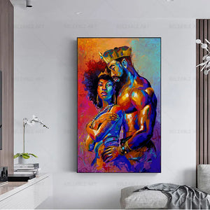 Peinture à l'huile du roi et de la reine d'art noir africain, toile imprimée, Art mural, affiches et imprimés de Couples Sexy pour chambre d'adulte