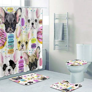Розовая акварельная занавеска для ванной с щенком французского бульдога, занавеска для душа для детей, ванная комната с рисунком, сладкий десерт, французские коврики для собак, ковер