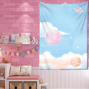 Tapiz estrellado de nubes coloridas rosas, colgante de pared del universo, tapices para dormitorio de niños, arte psicodélico para el hogar, decoración de habitación Kawaii