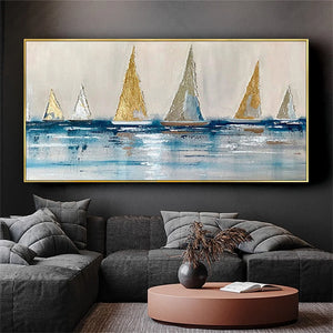 100% Handpainted Oil Painting Golden Canvas Poster Modern Yellow Sailboat And Blue Ocean Wall Art Image Decor Home Living Room