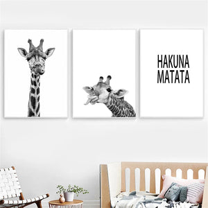 Pintura en lienzo de jirafa en blanco y negro, carteles e impresiones, arte de pared para guardería, imágenes nórdicas Hakuna Matata, decoración para habitación de bebés y niños