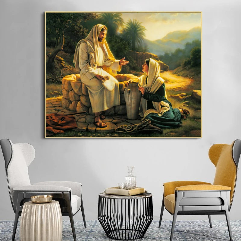 Pintura famosa de Jesús y la mujer samaritana, carteles e impresiones, cuadro sobre lienzo para pared para sala de estar, decoración del hogar, sin marco