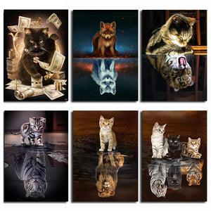Pintura de diamante 5D DIY con bordado de gato, animales reflejados, punto de cruz, taladros cuadrados completos, cuadro de pintura de diamantes de imitación