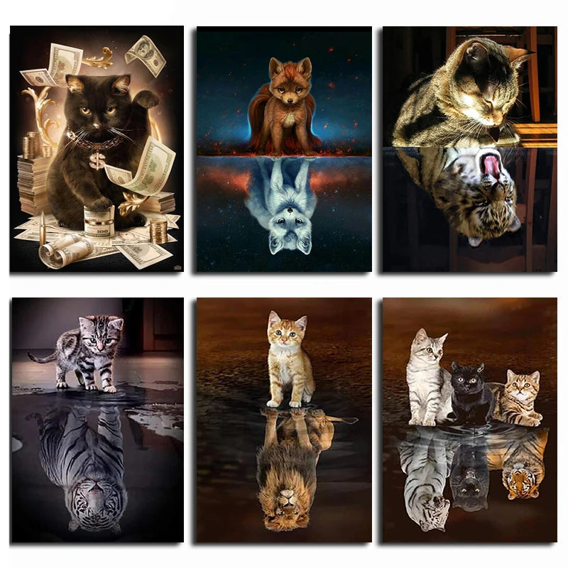 Diamond Embroidery Cat Reflection Animals DIY 5D Diamond Painting Cross Stitch Full Square Drills Rhinestones Painting Picture