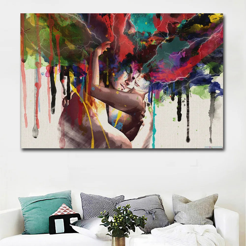 Abstract Couple Hugging Together Love Kiss Oil Painting on Canvas Posters and Prints Cuadros Wall Art Pictures For Living Room
