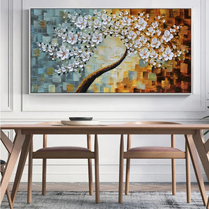 Hand painted abstract oil painting thick oil white flowers wall decor hanging picture for living room home decoration no framed