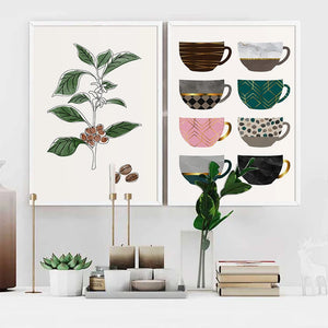 Affiche de dessin de ligne de café abstraite, tasse colorée, peinture sur toile minimaliste nordique, images murales imprimées, décor de café de cuisine