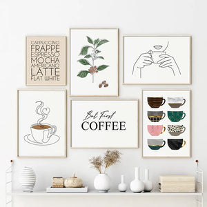 Póster de dibujo de línea de café abstracto, taza colorida, pintura en lienzo minimalista nórdica, imágenes artísticas impresas para pared, decoración de cocina y cafetería