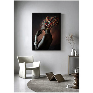 Imagen artística de pared escandinava para sala de estar, mujer africana, diadema india, retrato, pintura en lienzo, carteles e impresiones