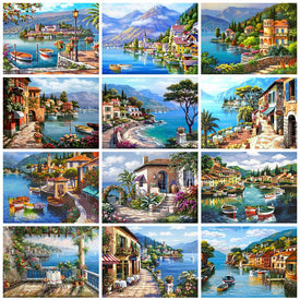 5D Diamond Painting Town Cross Stitch Mosaic House Diamond Embroidery Seaside Landscape Full Square Round Home Decor