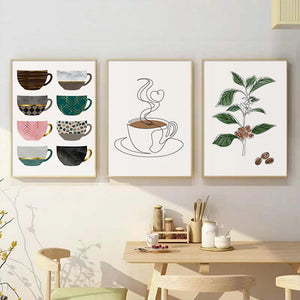 Affiche de dessin de ligne de café abstraite, tasse colorée, peinture sur toile minimaliste nordique, images murales imprimées, décor de café de cuisine