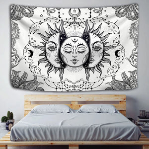 Tapiz de Mandala blanco y negro para colgar en la pared, tapiz de pared Celestial, alfombras de pared Hippie, decoración de dormitorio, tapiz psicodélico