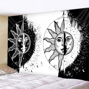 Tapiz de Mandala, tapiz de sol y luna en blanco y negro para colgar en la pared, tapiz de adivinación, tapiz hippie, fondo del hogar Dec