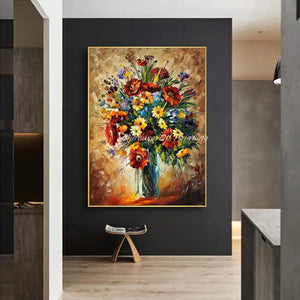 Hand-Painted Thick Bottle Flowers Oil Painting On Canvas,Modern Abstract Still Life Wall Art,Picture For Living Room,Home Decor