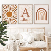 Laden Sie das Bild in den Galerie-Viewer, Abstrakte Sonne Regenbogen Benutzerdefinierte Baby Name Kindergarten Wand Kunst Leinwand Malerei Druck Bild Kinder Poster Kinderzimmer Dekoration