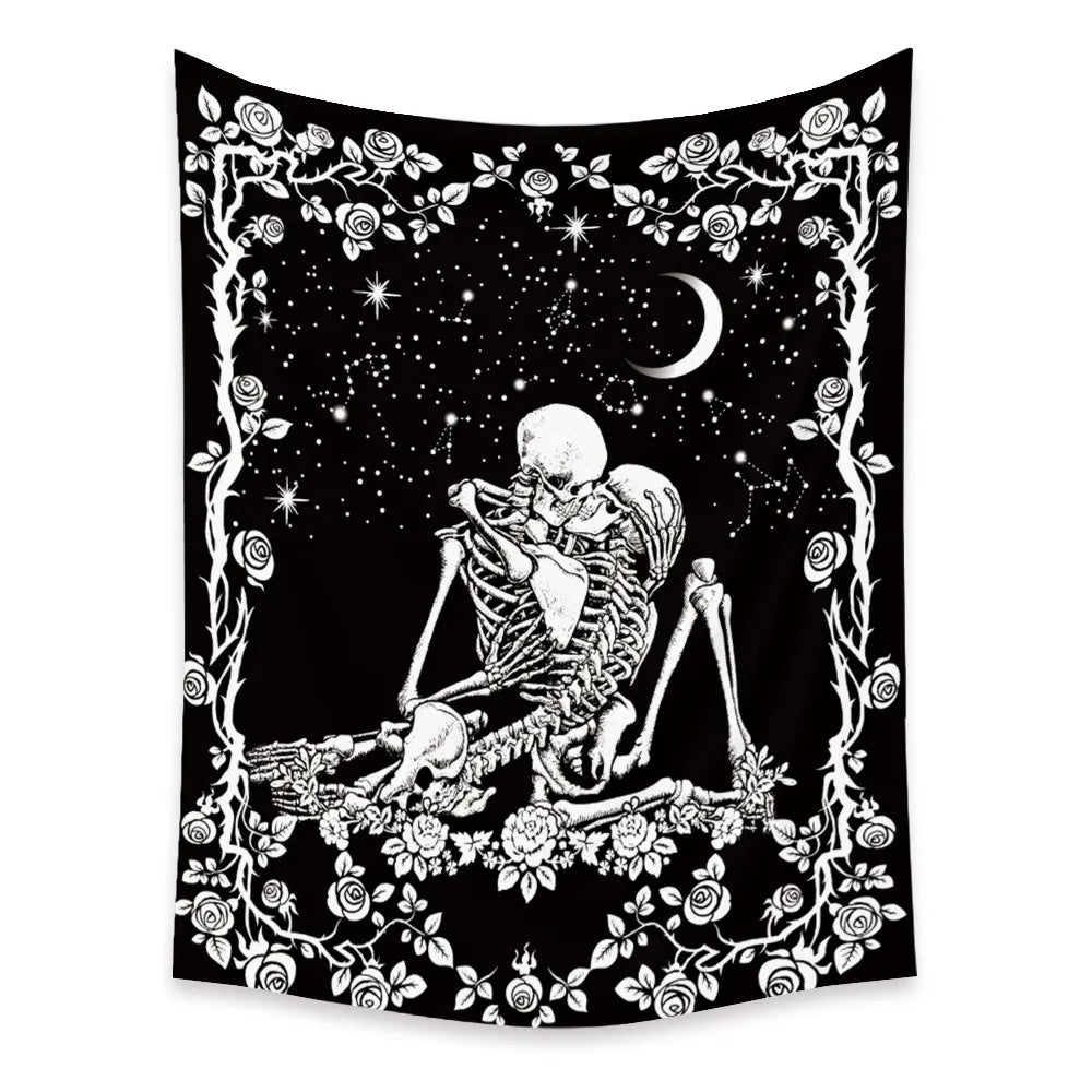 Kleiner Mond Sternenhimmel Blume Kuss Totenkopf Wandteppich Schwarz Hexerei Wandbehang Tuch Teppich Wandteppiche Decke Zimmer Home Decor