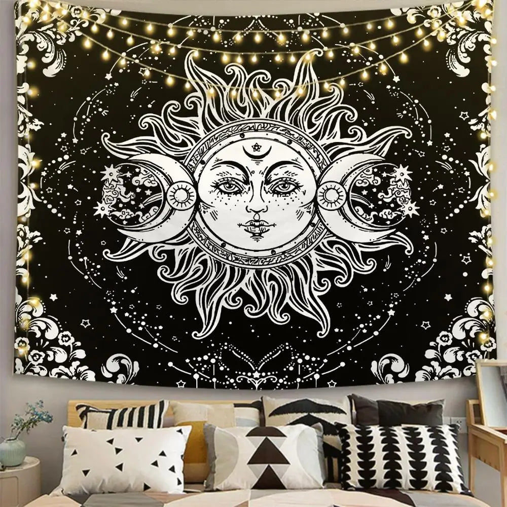Tapiz de Mandala de Luna y sol blanco y negro, tapiz de pared Celestial para colgar en la pared, alfombras de pared Hippie, decoración de dormitorio, tapiz psicodélico