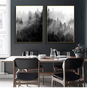 Impresiones de naturaleza, arte de pared de bosque, carteles de árboles blancos y negros, pintura en lienzo de paisaje de bosque brumoso, imagen de pared, decoración para sala de estar